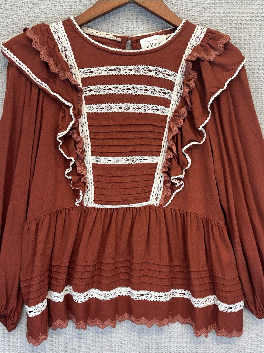 Bohme Rust Ruffle Lace Long Sleeve Cottagecore Soraya Blouse Small Prairiecore